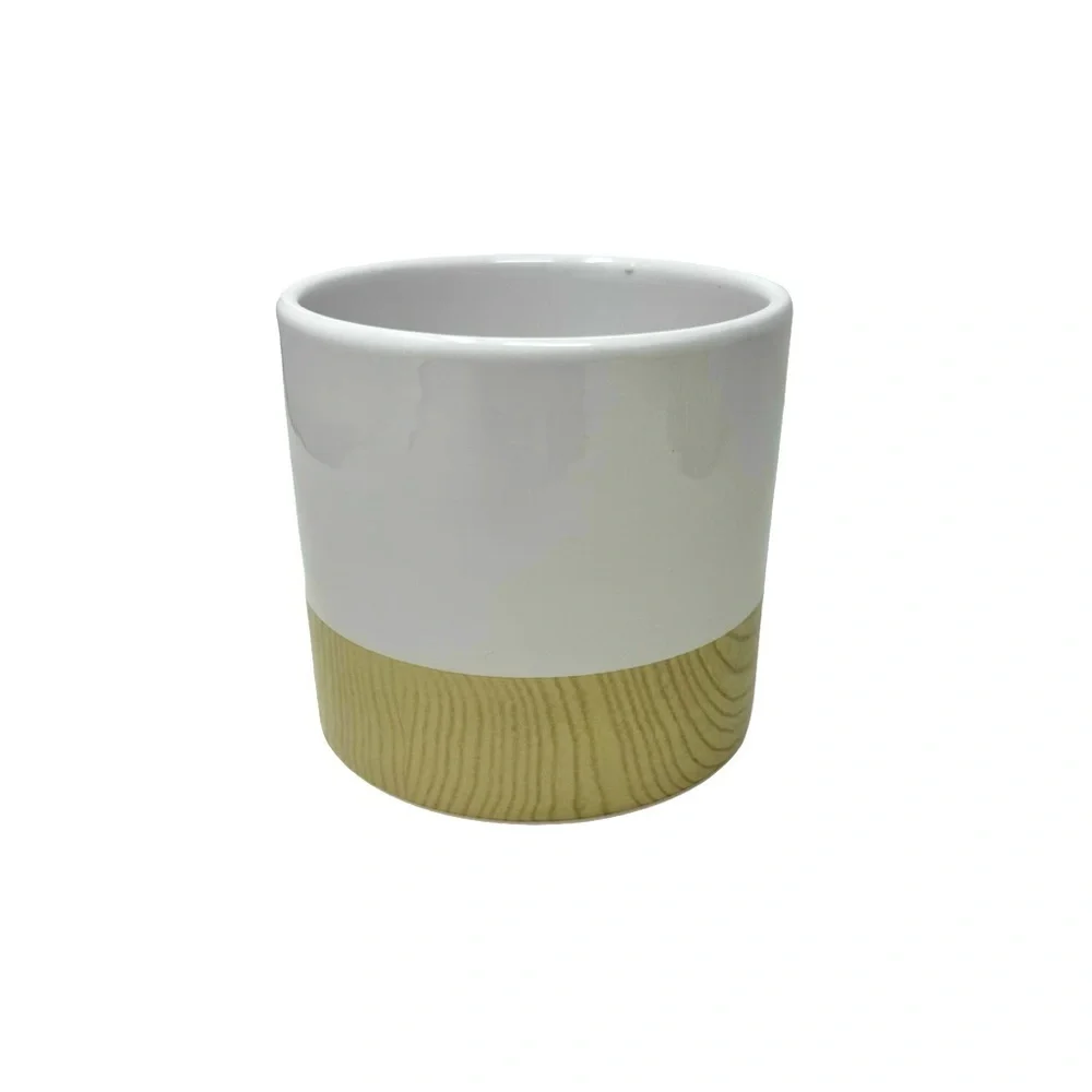 Small Vase | Container | White and Wood Grain Ceramic. 4”
